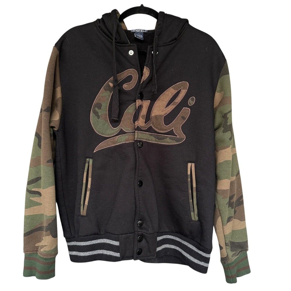 Mensfield Cali Sweatshirt Jacket Mens Large Black Camo Sleeve Hooded Snap Front